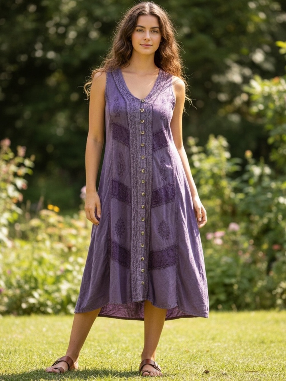 Sakkas Maya Floral Embroidered Sleeveless Button Up Rayon Dress